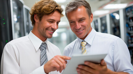Data center analysts in server room closeup, IT specialist showing data information, infrastructure monitoring collaboration, technical review session, defocused background, with copy space