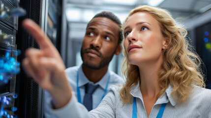 Data center analysts in server room closeup, IT specialist showing data information, infrastructure monitoring collaboration, technical review session, defocused background, with copy space