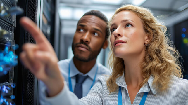 Data center analysts in server room closeup, IT specialist showing data information, infrastructure monitoring collaboration, technical review session, defocused background, with copy space - Powered by Adobe