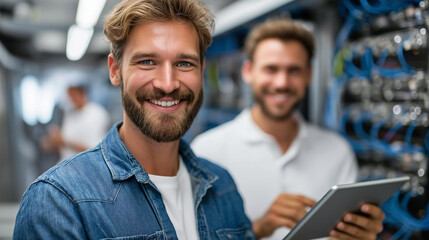 Portrait of men with tablet in server room, hardware upgrade and teamwork, engineering collaboration activity, IT specialist employees with tech, defocused datacenter, with copy space