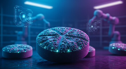 High-tech automated laboratory with robotic arms analyzing bioluminescent glowing textured disks in blue and purple light. Futuristic sci-fi digital art style.