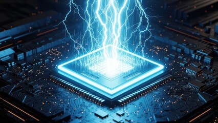 Futuristic computer processor generating intense blue electrical current