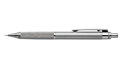 A professional close-up of a silver ballpoint pen and fountain pen isolated on white paper, featuring sleek metal design and black ink for business writing and office work