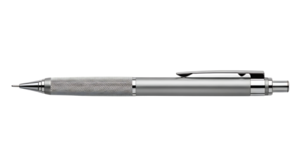 A professional close-up of a silver ballpoint pen and fountain pen isolated on white paper, featuring sleek metal design and black ink for business writing and office work
