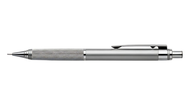 A professional close-up of a silver ballpoint pen and fountain pen isolated on white paper, featuring sleek metal design and black ink for business writing and office work