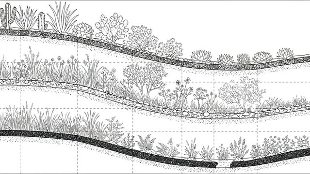 Black and white cross section diagram illustrating plant zonation on a sloped landscape using contour lines