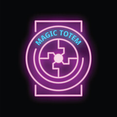 Obraz premium Magic totem neon sign with purple glowing light effect on a brick wall background