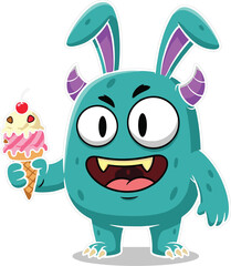 Fototapeta premium Cute, teal, monster, character, with, bunny, ears, eating, ice, cream, happy, cartoon, mascot, friendly, creature, vector, illustration, isolated, fun, alien.