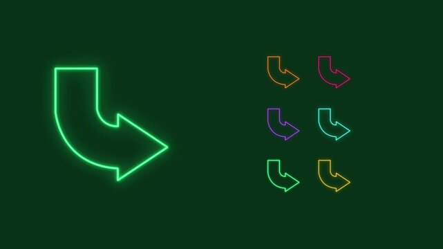 Neon glowing arrow icon set. Glowing curved arrow pointer in vibrant colors on dark background abstract digital animation