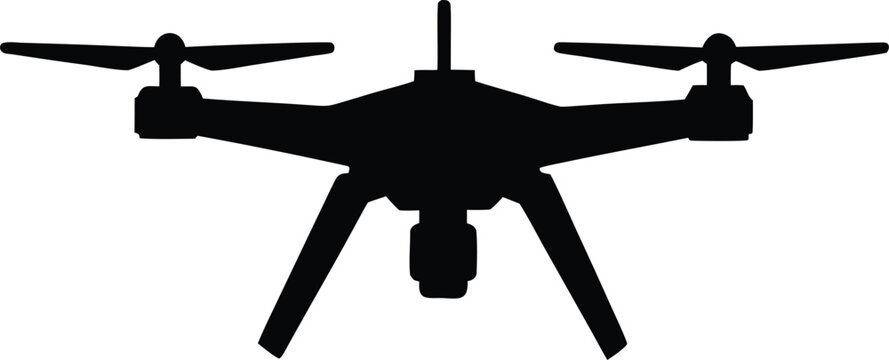 Black silhouette of a quadcopter drone with camera vector illustration icon