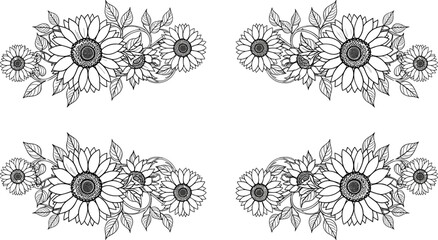 Vintage, sunflower, floral, corner, set, ornate, decorative, border, collection, hand, drawn, summer, botanical, elements, swirl, design, ornament, elegant, wedding, invitation.