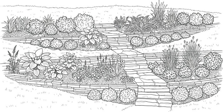 Detailed black and white illustration of a tiered garden landscape featuring stone retaining walls and lush plantings