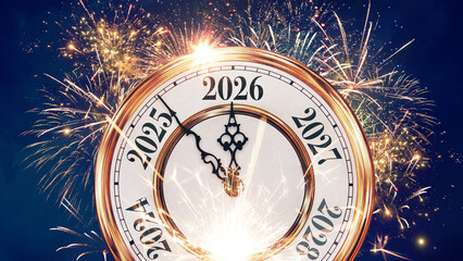 Vintage gold clock points to New Year 2026 against a blue night sky with golden fireworks and sparklers. New Year 2026, a creative idea. Luxury retro 2026 card.