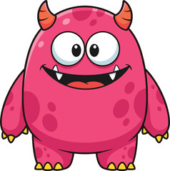 Fototapeta premium Cute, pink, monster, character, illustration, happy, alien, mascot, horned, creature, friendly, cartoon, child, design, mascot, vector, isolated, fun, monster, baby.