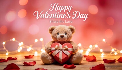Teddy bear holding a heart with rose petals on table for Valentine's Day  
