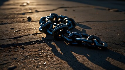 Shattered Chains Resting on Stone Surface with Meaning of Freedom