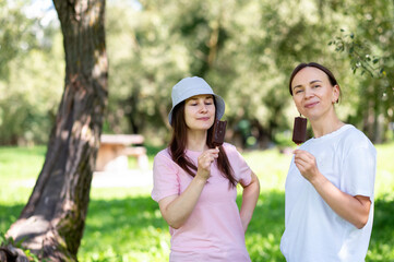 Chocolate ice cream on sticks eaten by two friends in summer park