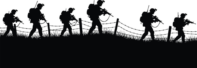 Silhouette of soldiers marching in a line with rifles and backpacks near a barbed wire fence. AI Generative