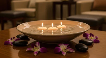 Sierkussen Spa Floating candles water bowl with stones and purple flowers decoration.  © Oktavia