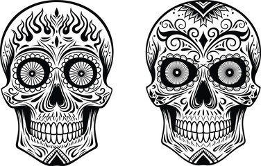 Intricate, sugar, skull, set, day, of, the, dead, calavera, decorative, floral, ornament, Mexican, culture, tattoo, design, vector, illustration, black, white.