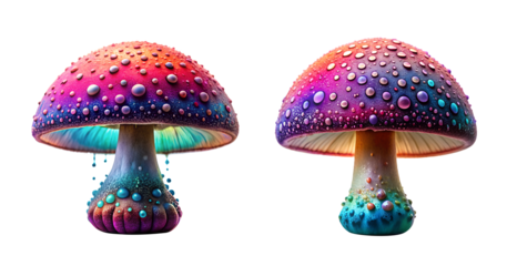 Vibrant rainbow mushrooms isolated on transparent background