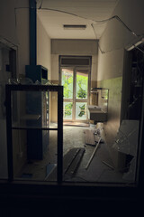 Facade of abandoned hospital building