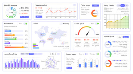 Analytics dashboard. Business statistics charts, financial graphs and data visualization widgets with bar chart, line graph, progress bars, speedometer gauge and world map trends analysis vector set
