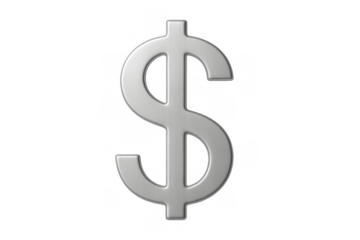 Silver metallic us dollar currency symbol representing money, finance, economy, investment, wealth, and banking on a transparent background
