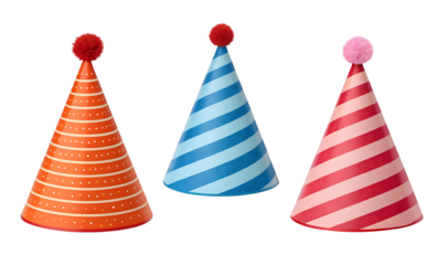 Three colorful party hats isolated on transparent background