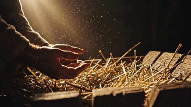 Mans hands tending straw in a manger. Light rays illuminate a biblical scene of hope and new beginnings. Advent, christmas, and nativity concept.