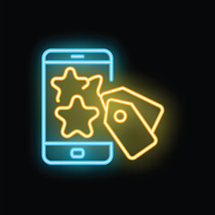 Obraz premium Neon icon representing a loyalty program with stars and tags, ideal for marketing and customer engagement