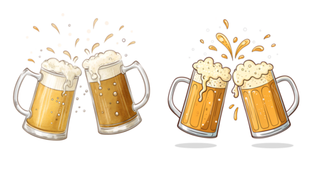 Two pairs of beer mugs clinking and foaming isolated on transparent background