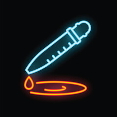 Glowing neon icon of a pipette dropping liquid on a petri dish, representing laboratory analysis and scientific experimentation
