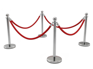 Red rope stanchions with silver posts isolated on transparent background