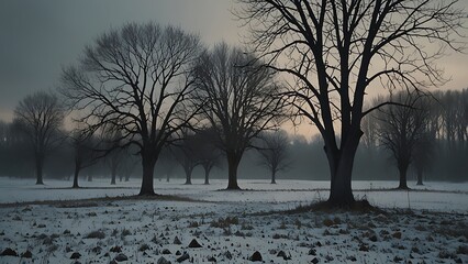 Cold Winter Landscape with Bare Trees and Silent Historical Memory