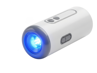 White flashlight with blue light isolated on transparent background