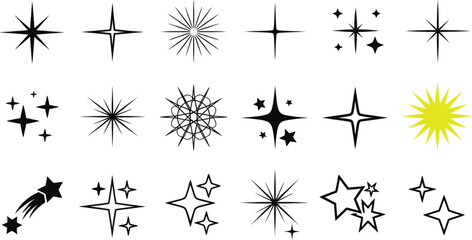 A versatile collection of gleaming sparkle and starburst icons, designed to infuse digital projects with a radiant glow and luminous charm, embodying moments of magic and celebration