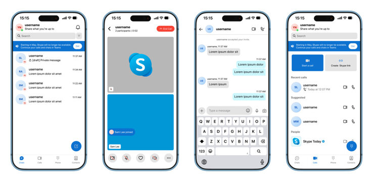 Skype latest mobile update showcasing chat inbox contact list message threads media sharing keyboard input search panel and modern blue communication layout
