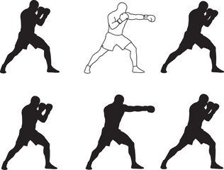 Male boxer silhouettes punching, boxing poses, training action, athletic movement, gloves stance