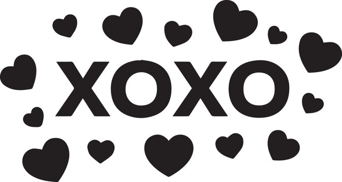 Black xoxo text with scattered hearts on white background