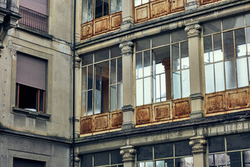 Facade of abandoned hospital building