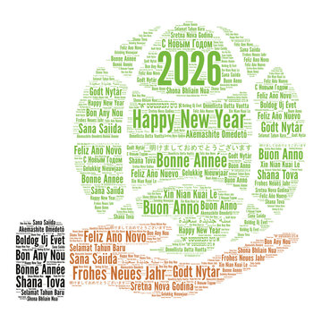 Happy New Year 2026 word cloud in different languages