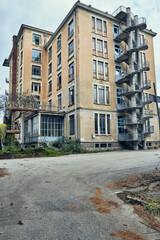 Facade of abandoned hospital building