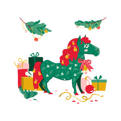 Christmas horse vector illustration. Festive winter style holiday artwork for greeting cards, posters, stationery, seasonal branding, children design, and cozy winter decorations