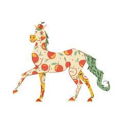 Horse with apple pattern on skin in a decorative vector illustration style. Creative and cute animal character for design, patterns, textiles, stationery, posters, and playful branding projects