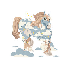 Blue horse decorated with cloud vector illustration. Cute artwork with a soft fantasy mood, perfect for children design, posters, stationery, decor, creative branding projects.