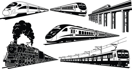 Train evolution illustration, steam locomotive, electric train, high-speed rail, commuter transport, railway infrastructure, vintage engine, modern transit, transportation history © MdMahmudul