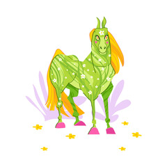 Green spring horse decorated with daisy in a cute vector illustration. Seasonal artwork perfect for children design, spring cards, posters, stationery, nursery decor, branding