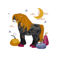 Halloween dark horse with pumpkin vector illustration style. Festive autumn artwork perfect for Halloween cards, posters, design, stationery, seasonal branding, decorative projects