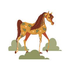 Vector illustration of a horse decorated with autumn leaves. Warm seasonal artwork with a cozy fall mood, perfect for design, posters, stationery, seasonal design and projects